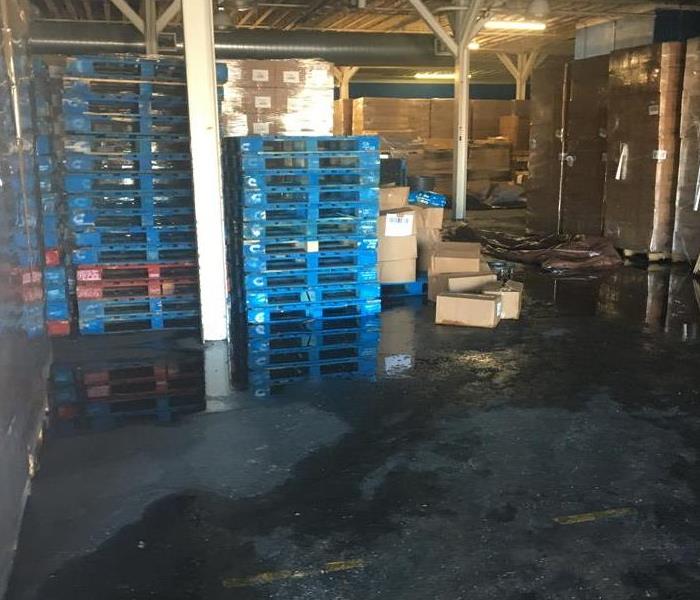 Garage with blue pallets sitting in water. 