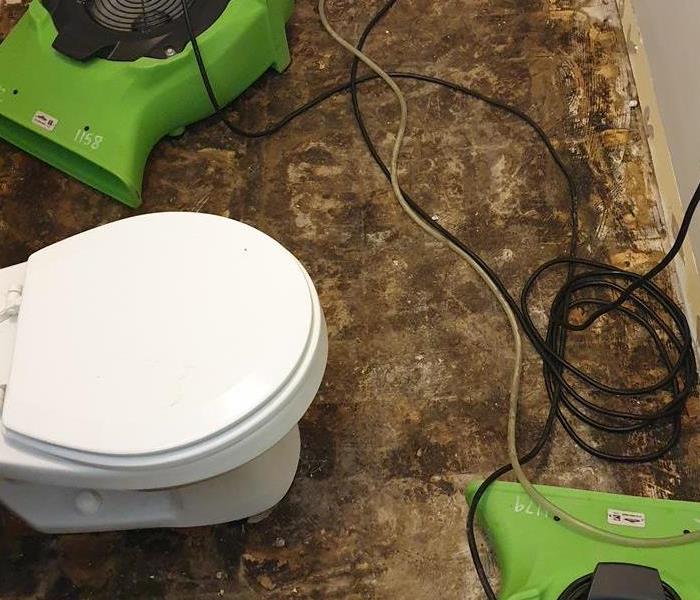 Two green air movers next to a white toilet. 