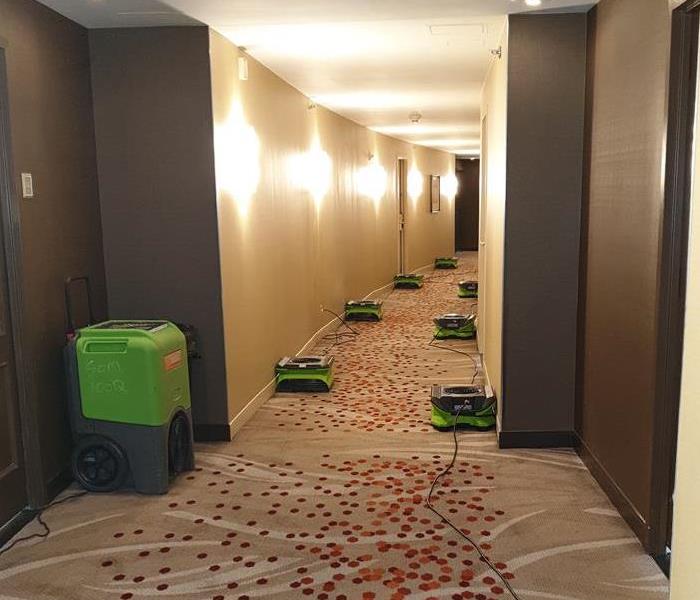 Hotel hallways with seven green air movers.